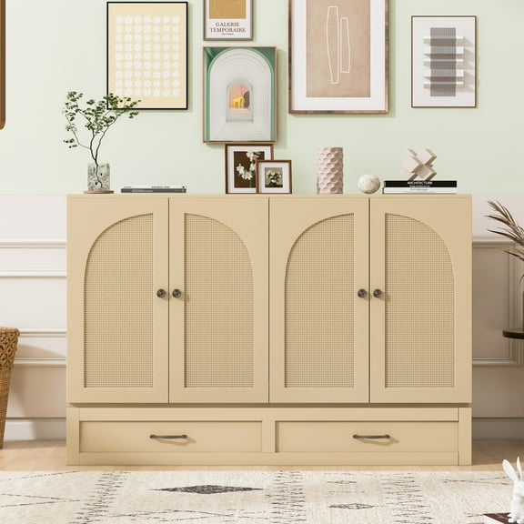 Harper & Bright Designs Rattan Full Murphy Bed Wall Bed with Drawers, Full Size Cabinet Bed Folding Wall Bed for Guest Room Office, Gold