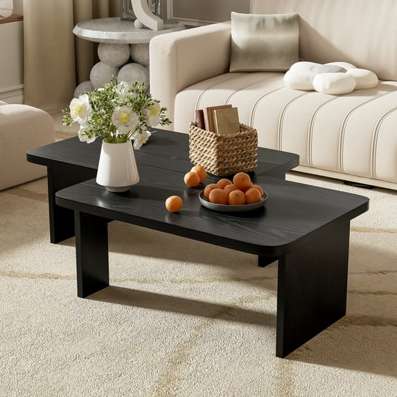 Harper & Bright Designs Rectangle Coffee Table Set of 2, Minimalist Wood Center Table with Splicing Design for Living Room, Black