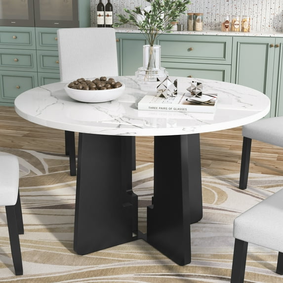 Harper & Bright Designs Round Dining Table for 4, Modern Kitchen Table with Faux Marble Top, Minimalist White Dinette Table