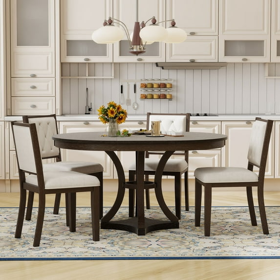 Harper & Bright Designs Round Extendable Dining Table Set for 4, 5 Piece Retro Functional Wood Dining Table Set with 4 Upholstered Chairs for Kitchen, Espresso