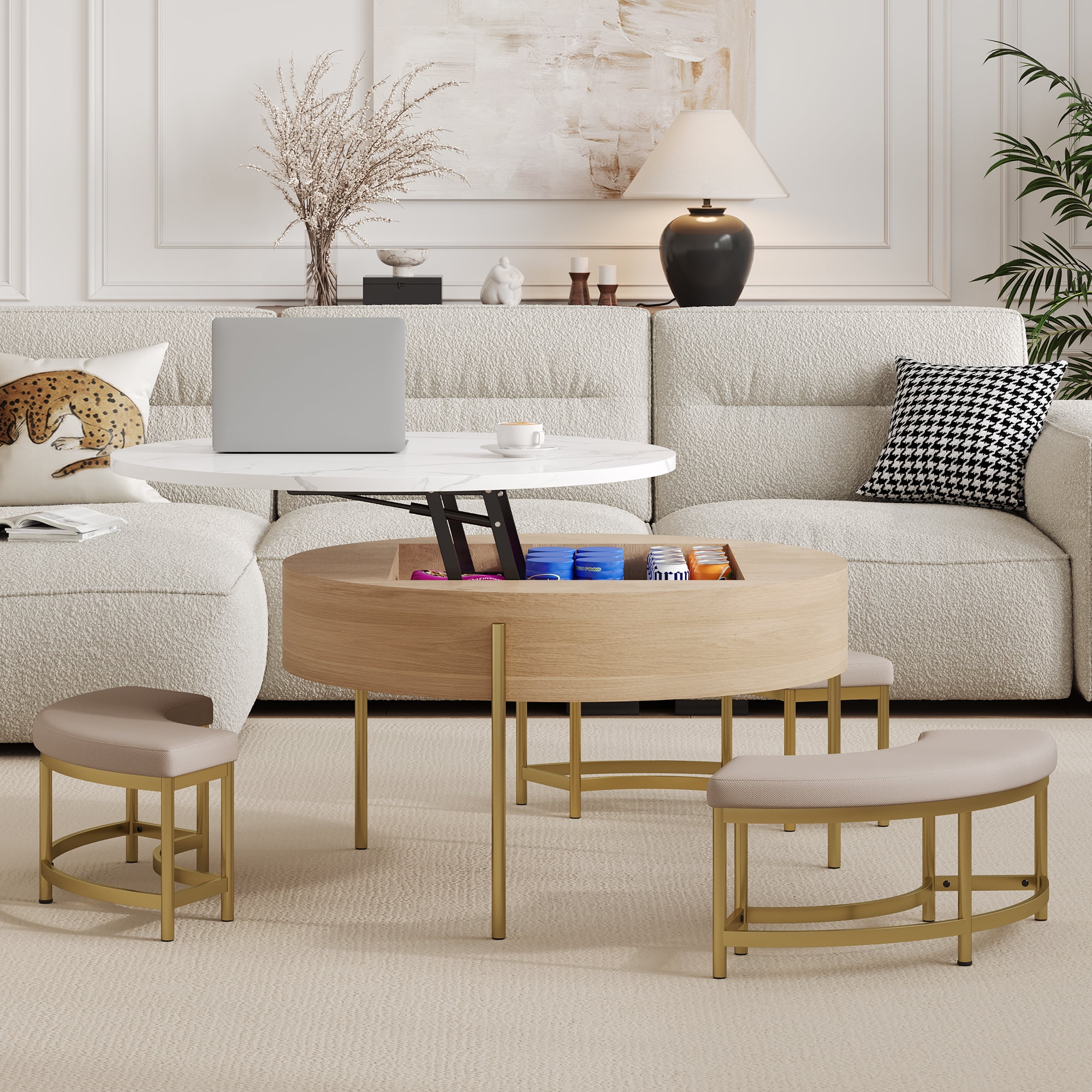 Harper & Bright Designs Round Lift-Top Coffee Table with Ottomans and Storage, Gold Center Table Set with Stools Underneath for Living Room, White & Natural