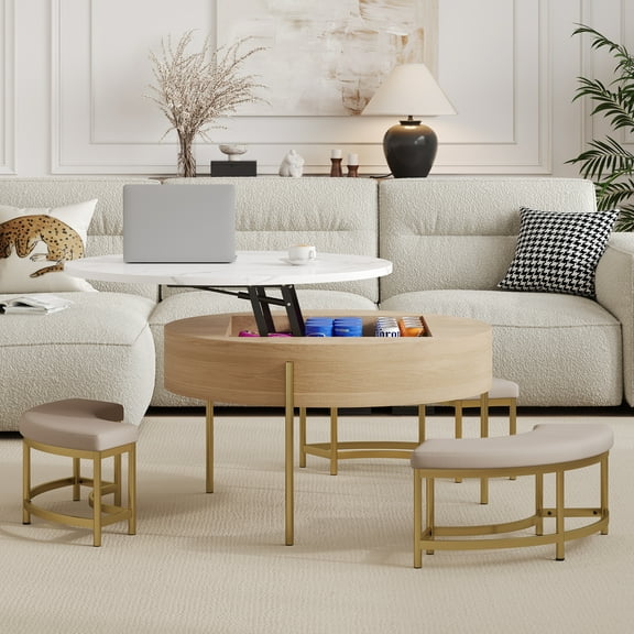 Harper & Bright Designs Round Lift-Top Coffee Table with Ottomans and Storage, Gold Center Table Set with Stools Underneath for Living Room, White & Natural