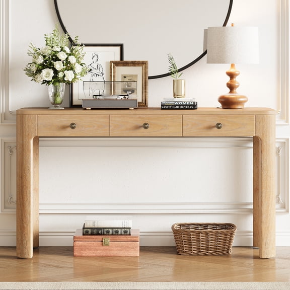 Harper & Bright Designs Rustic Console Table with 3 Drawers, Narrow Entryway Table with Curved Corners, Wooden Sofa Table with Thick Legs for Hallway and Living Room, Light Oak