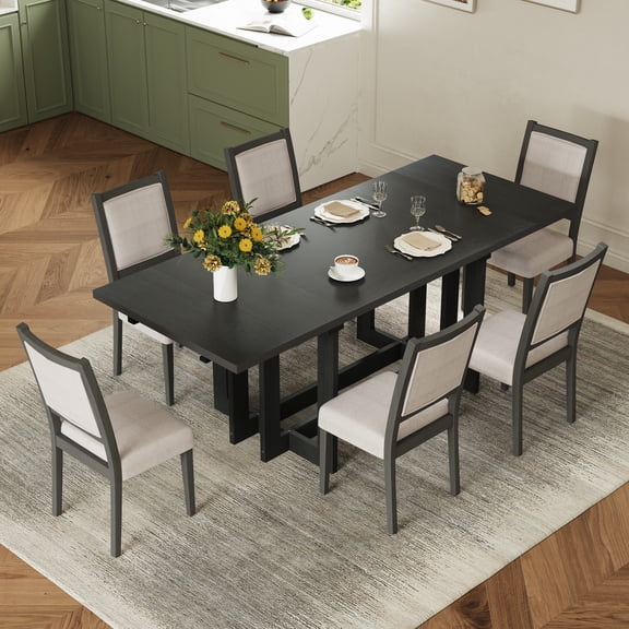 Harper & Bright Designs Rustic Extendable Dining Table Set for 6, Trestle Wooden Rectangle Kitchen Table with Removable Leaf and 6 Upholstered Dining Chairs for Kitchen, Beige,Grey
