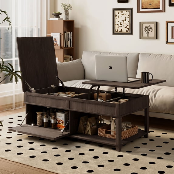 Harper & Bright Designs Rustic Lift Top Coffee Table with Storage, Rectangle Center Table with Hidden Compartment and Open Shelf, Large Coffee Table with Adjustable Desktop, Antique Brown