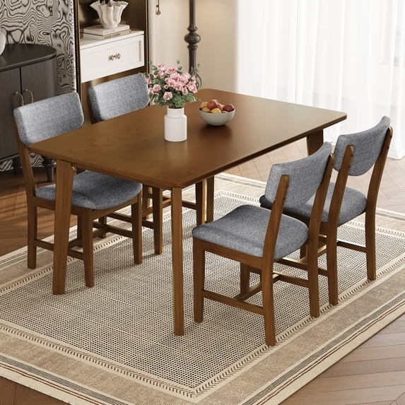 Harper & Bright Designs Rustic Wood Dining Table Set for 4, 5 Pieces Rectangular Table Set with Upholstered Chairs for Small Space Kitchen, Walnut