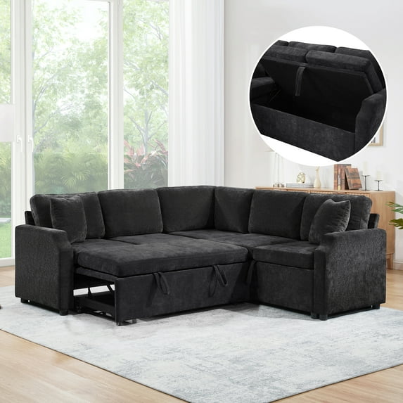 Harper & Bright Designs Sectional Sofa with Pull Out Bed, Convertible Sofa Sleeper with Storage, Chenille L-shaped Sectional Sofa for Living Room, Black