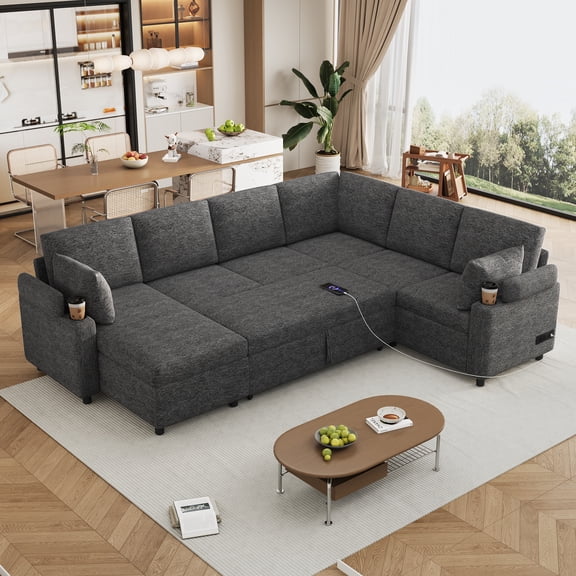 Harper & Bright Designs Sectional Sofa with Pull Out Bed, Convertible Sofa Sleeper with Storage Lounger, Chenille U-shaped Sectional Sofa with Cup Holders and USB, Grey