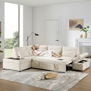 Harper & Bright Designs Sectional Sofa with Pull Out Bed, Convertible Sofa Sleeper with USB, Modular L-shaped Sofa with Movable Storage Ottoman for Living Room, Light Khaki+Beige