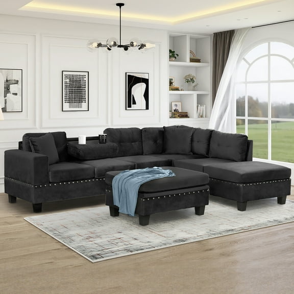 Harper & Bright Designs Sectional Sofa Set with Cup Holder and Storage Ottoman, L-Shaped Couch with Reversible Chaise, Velvet Upholstered Sectional Sofe for Living Room, Black