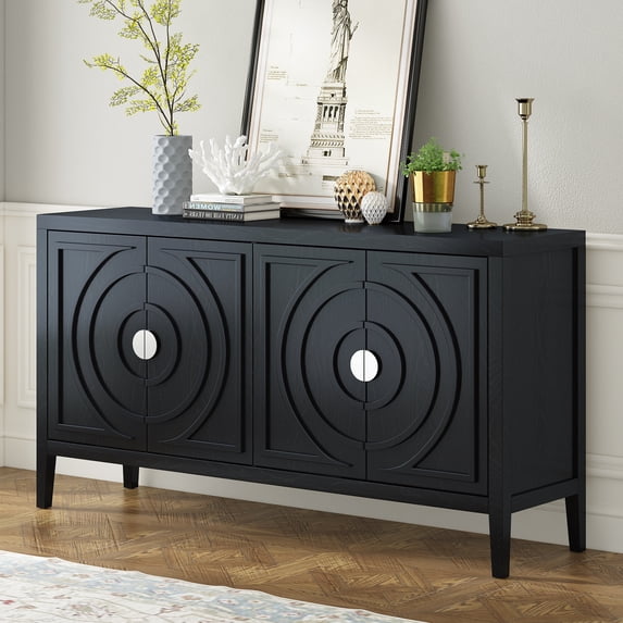 Harper & Bright Designs Sideboard Buffet Cabinet with Storage and Shelves, Farmhouse Sideboard Cabinet with Circular Groove Design Metal Door Handle for Entrance Living Room, Black