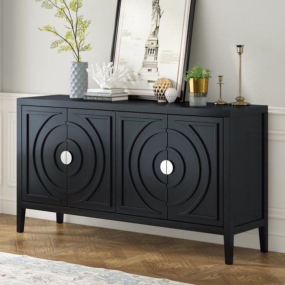 Harper & Bright Designs Sideboard Buffet Cabinet with Storage and Shelves, Farmhouse Sideboard Cabinet with Circular Groove Design Metal Door Handle for Entrance Living Room, Black