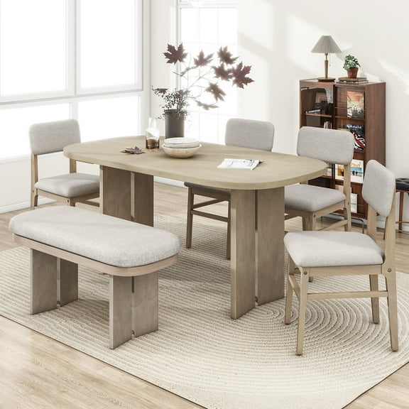 Harper & Bright Designs Solid Wood Dining Table Set with Bench for 5, 6 Pieces Upholstered Rectangular Dining Room Table Set with Bench and 4 Chairs & Bench, Natural