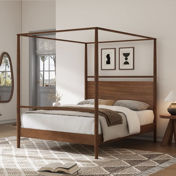 Harper & Bright Designs Solid Wood Queen Canopy Bed Frame with Headboard, Retro Elegant 4-Poster Bed with Slat Support for Bedroom, Walnut