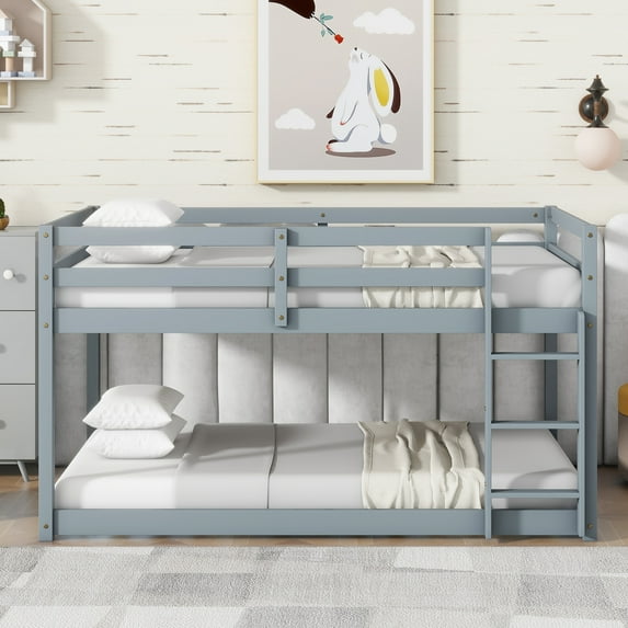 Harper & Bright Designs Solid Wooden Bunk Bed Twin over Twin with Ladder, Twin Floor Bunk Bed Frame for Bedroom, Grey