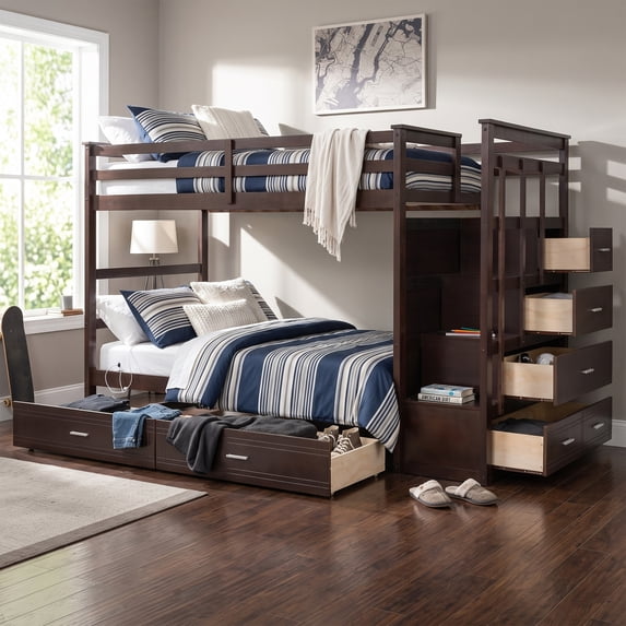 Harper & Bright Designs Stairway Bunk Bed Twin over Twin, Wooden Twin Size Bunk Bed Frame with 6 Storage Drawers and Staircase for Boys and Girls Adults, Espresso