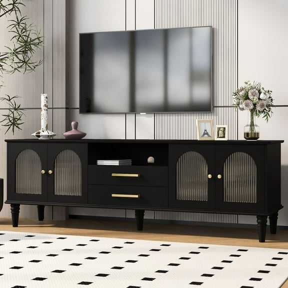 Harper & Bright Designs TV Stand with Fluted Glass Doors for 75 inch TV, TV Storage Cabinet Table with Drawers, Wood Media Console Table with Solid Wood Legs for Living Room, Black