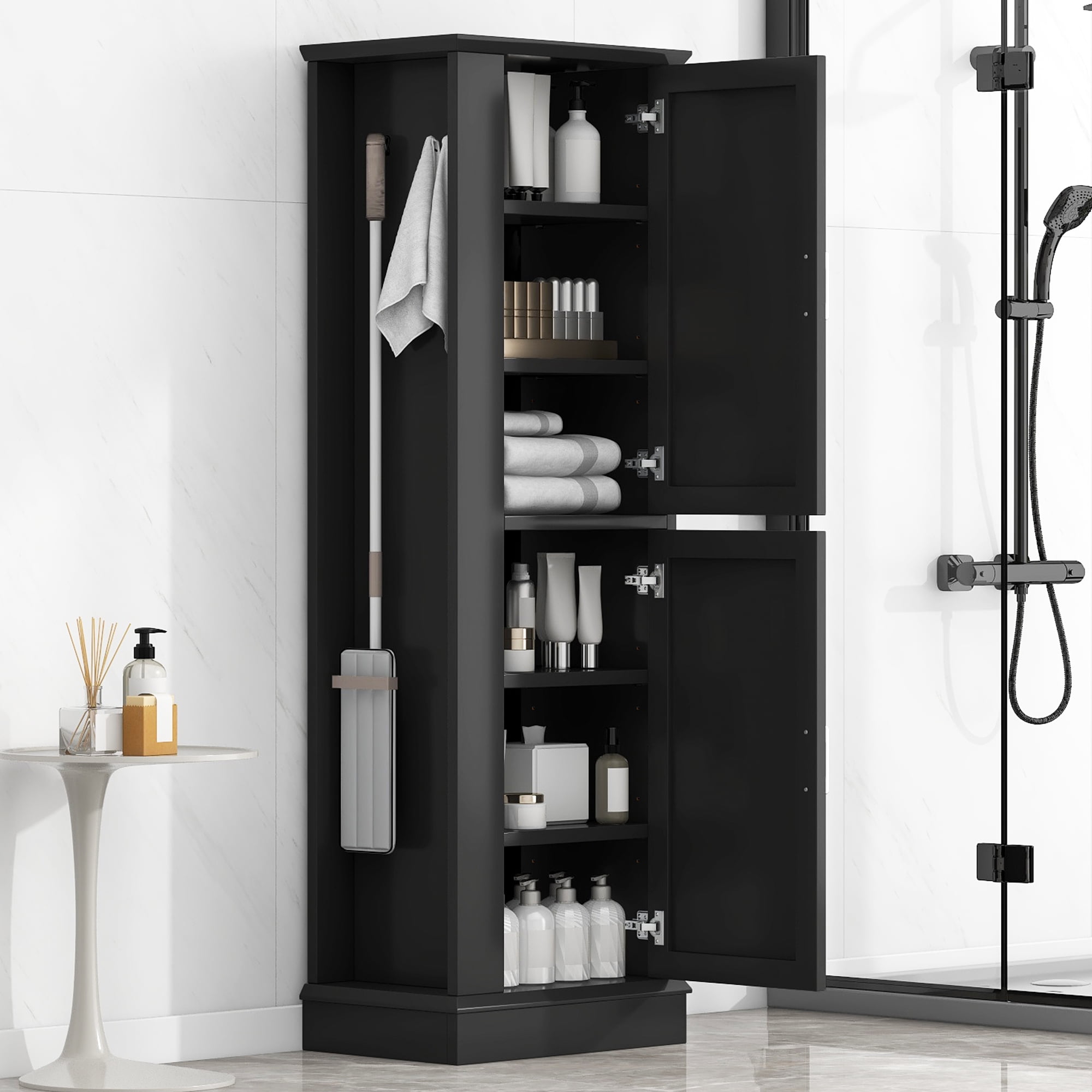 Harper & Bright Designs Tall Bathroom Storage Cabinet Doors and Hook, Modern Freestanding Cabinet with Adjustable Shelves for Bathroom, Black
