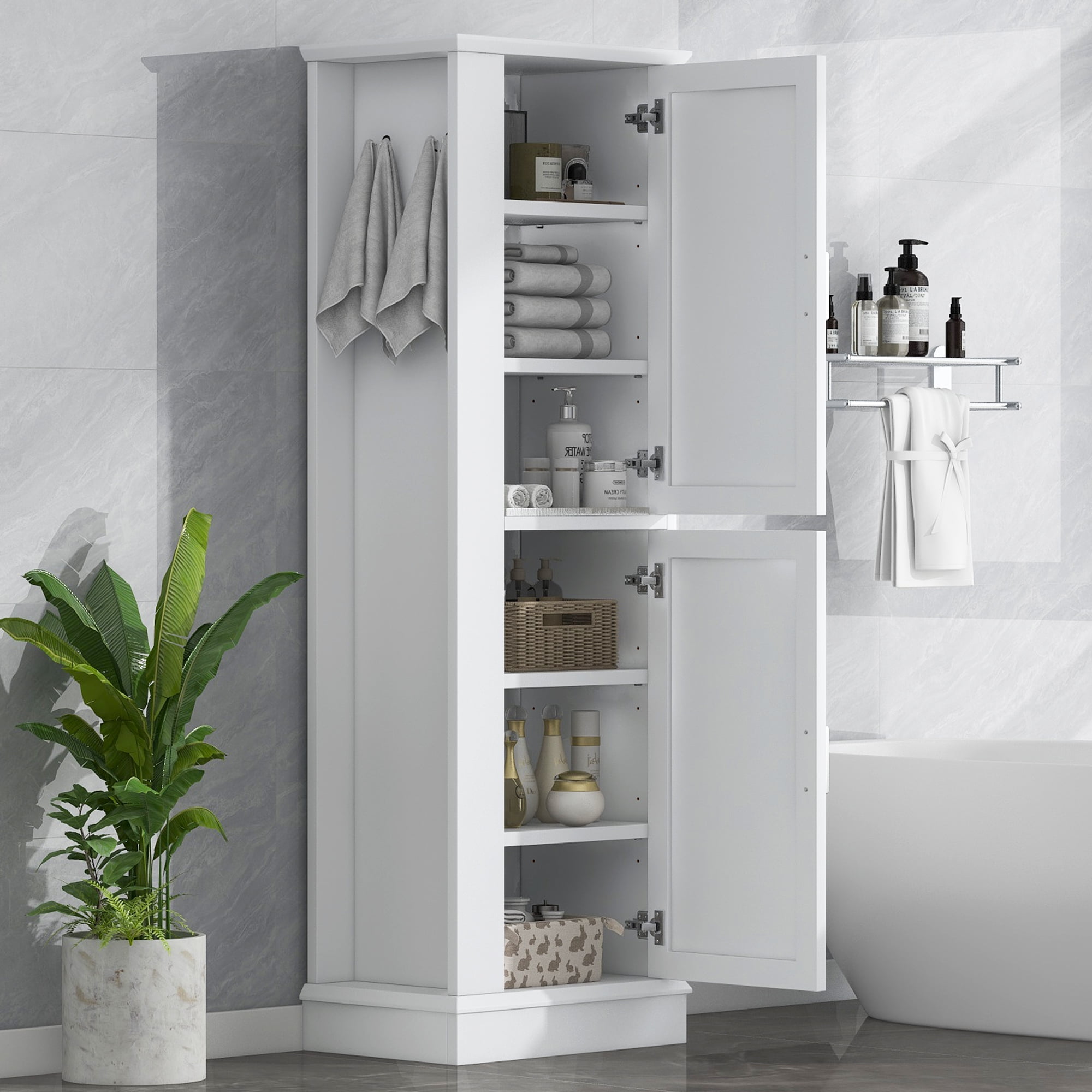 Harper & Bright Designs Tall Bathroom Storage Cabinet Doors and Hook, Modern Freestanding Cabinet with Adjustable Shelves for Bathroom, White