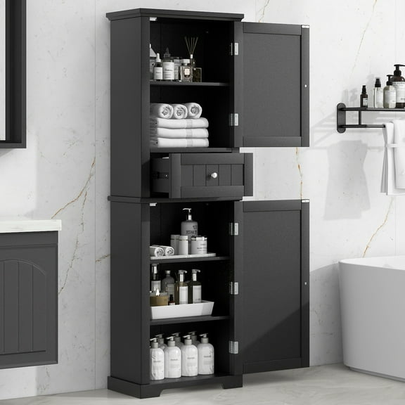 Harper & Bright Designs Tall Bathroom Storage Cabinet with Two Doors and Drawer, Modern Freestanding Bathroom Organizer with Adjustable Shelves for Bathroom, Black
