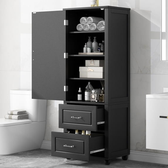 Harper & Bright Designs Tall Bathroom Storage Cabinet with Doors and Drawer, Modern Freestanding Storage Cabinet with Adjustable Shelf, Black