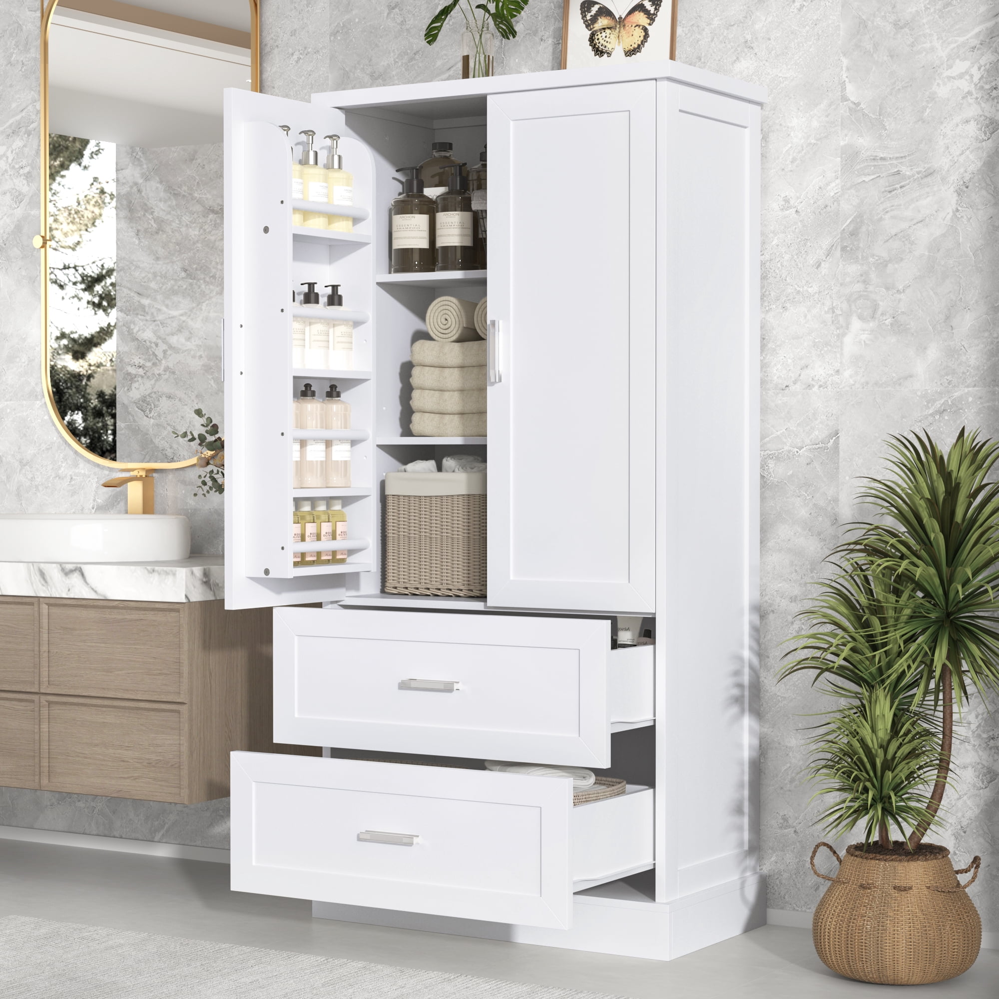 Harper & Bright Designs Tall Bathroom Storage Cabinet with Doors and Drawers, Modern Freestanding Cabinet with Adjustable Shelf for Bathroom, White