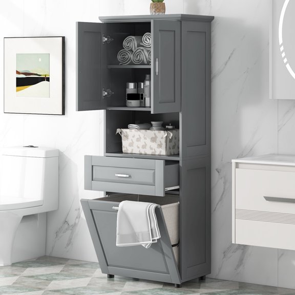 Harper & Bright Designs Tall Bathroom Storage Cabinet with Doors and Drawers, Modern Freestanding Cabinet with Laundry Basket for Bathroom, Gray