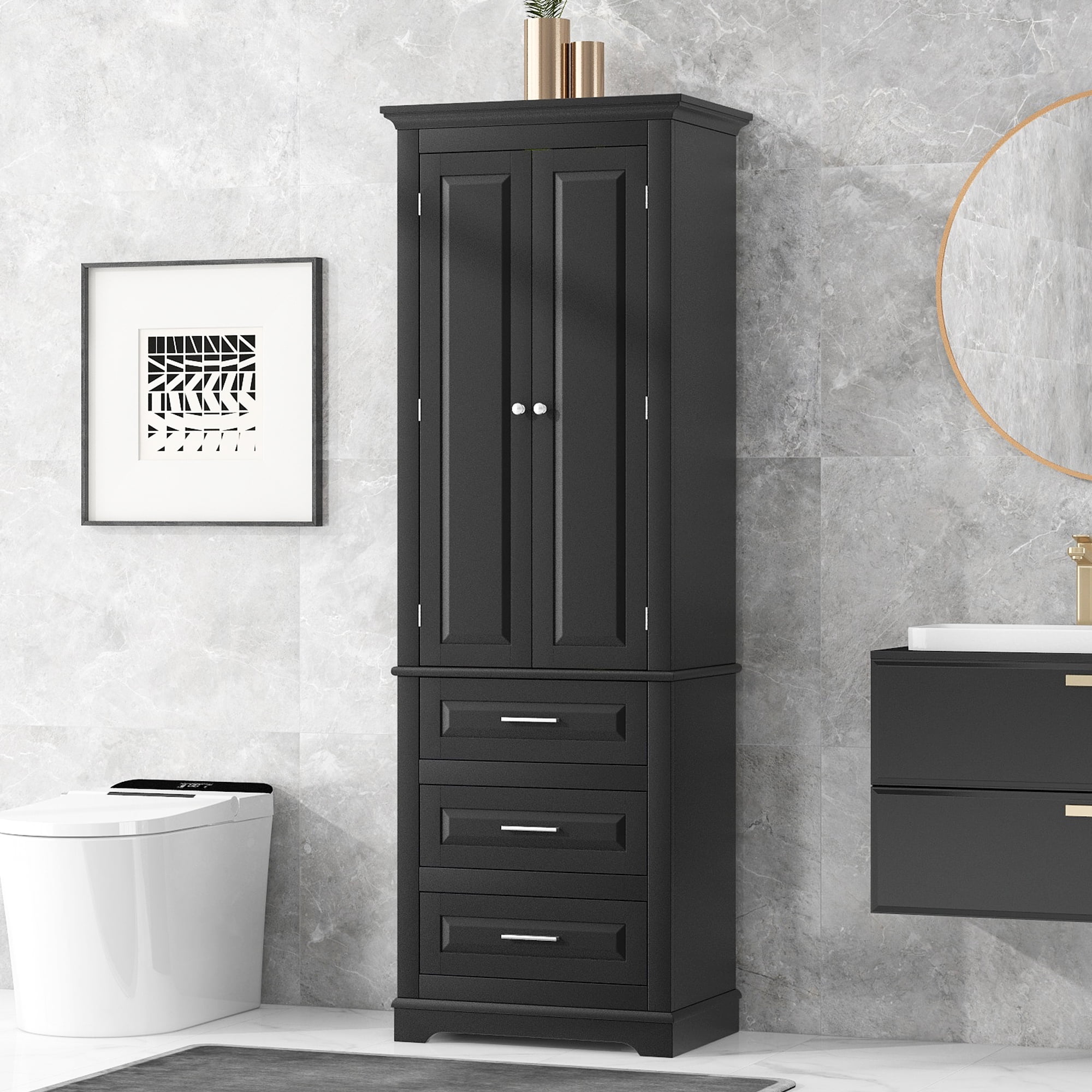 Harper & Bright Designs Tall Bathroom Storage Cabinet with Drawers and Doors, Modern Bathroom Floor Storage Cabinet with Shelf, Black