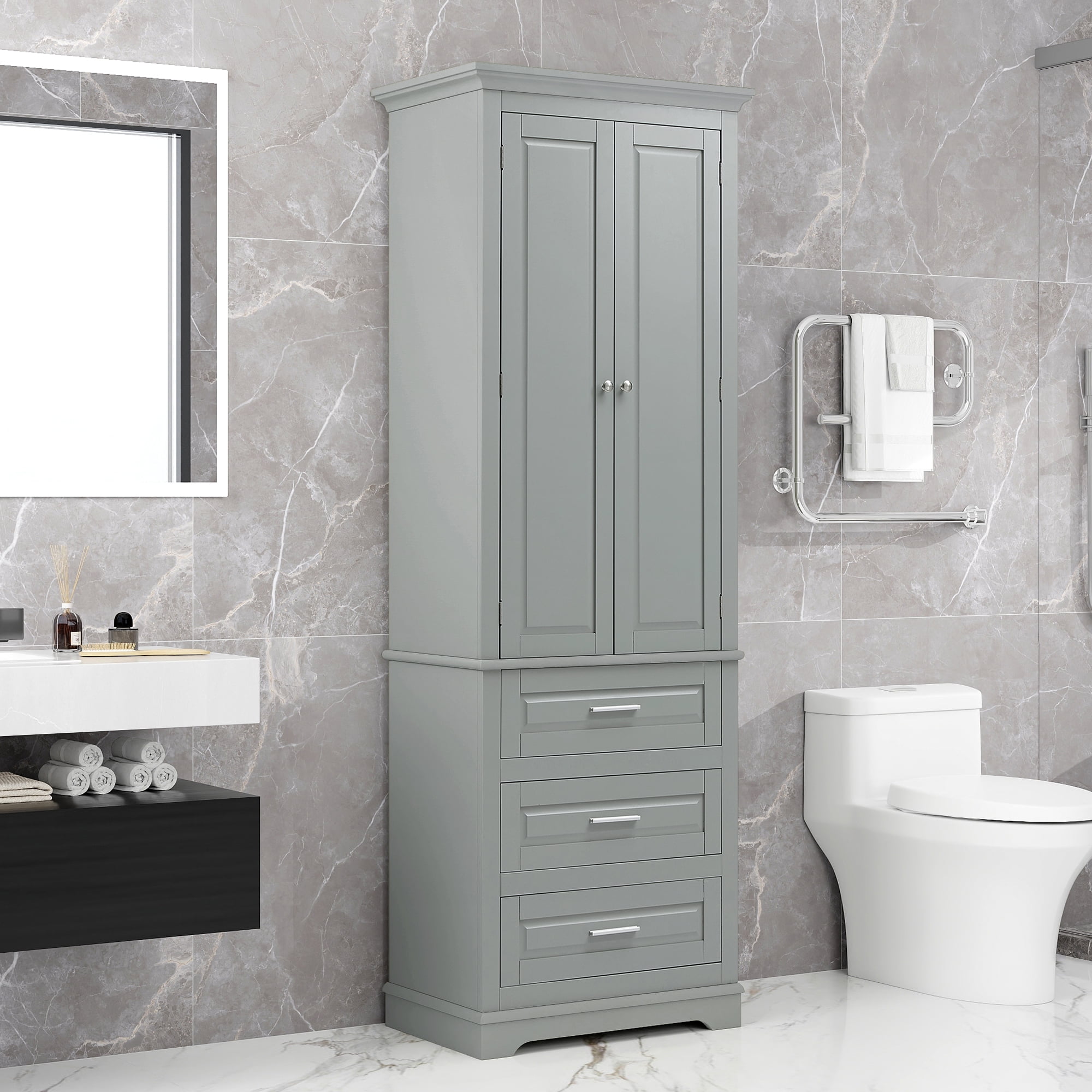 Harper & Bright Designs Tall Bathroom Storage Cabinet with Drawers and Doors, Modern Bathroom Floor Storage Cabinet with Shelf, Gray