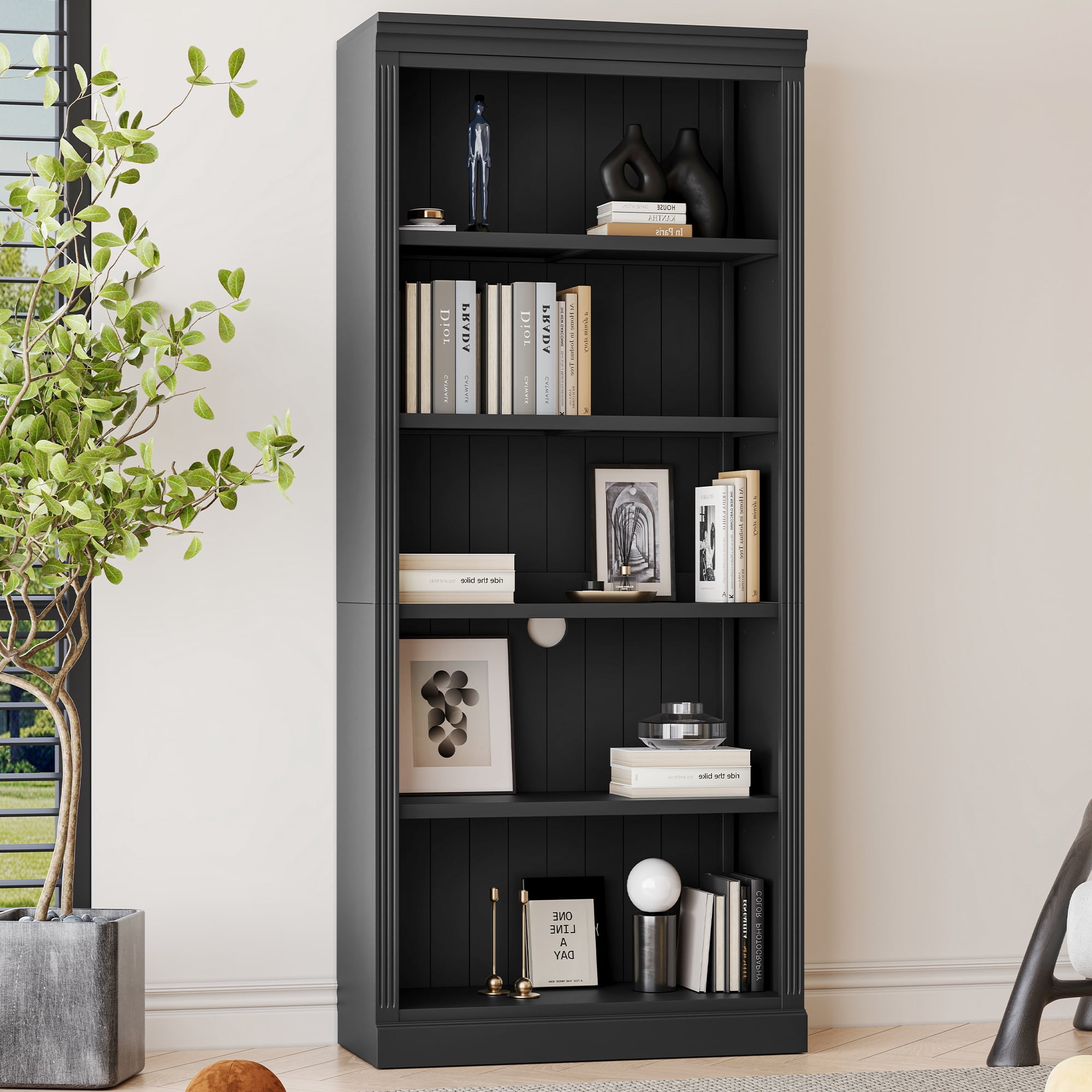 Harper & Bright Designs Tall Wood Bookcase with Light Strip, 5 Tier Bookshelves with Adjustable Shelves, Free Standing Storage Organizer for Home Office, Black