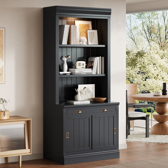 Harper & Bright Designs Tall Wood Bookshelf, Bookcases with Sliding Doors and Drawers, Storage Bookcase with LED Lighting and Open Shelves, Black