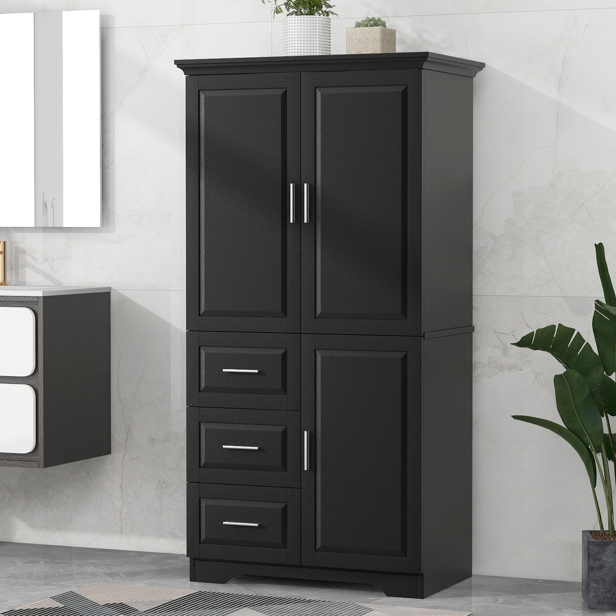 Harper & Bright Designs Tall and Wide Bathroom Storage Cabinet with Drawers and Doors, Modern Bathroom Floor Storage Cabinet with Shelf, Black