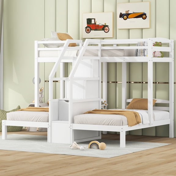 Harper & Bright Designs Triple Bunk Bed with Storages Staircase, Wood Twin Over Twin & Twin Bunk Bed Frame with Little Drawer and Storage Board for 3, White