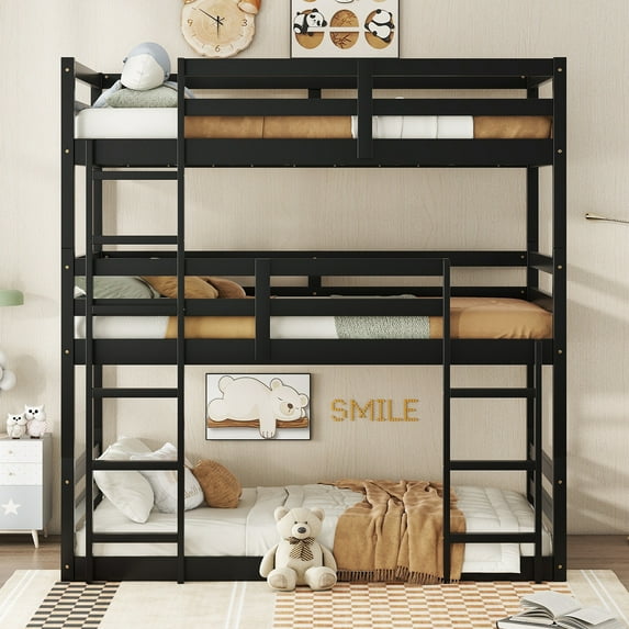 Harper & Bright Designs Triple Bunk Bed Twin over Twin over Twin with Ladders, Wood Detachable Bunk Bed Frame with Guardrail, Separate into Three Twin Beds, Black