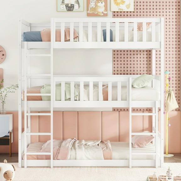 Harper & Bright Designs Triple Bunk Twin over Twin over Twin, Detachable Wood Bunk Bed with Ladder and Guardrail, Separate into 3 Beds, White
