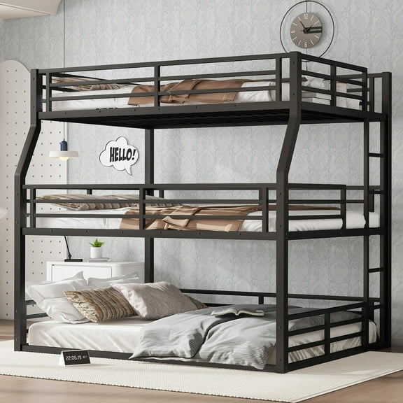 Harper & Bright Designs Triple Metal Bunk Bed with Guardrails, Full/Full XL over Queen over Queen Heavy-duty Floor Bunk Bed Frame, Black