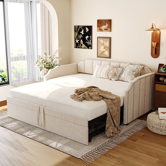 Harper & Bright Designs Twin Daybed with Extended Pop Up Trundle, Upholstered Linen Sofa Bed Daybed, Twin Size Space-Saving Daybed Frame for Living Guest Room Bedroom, Beige
