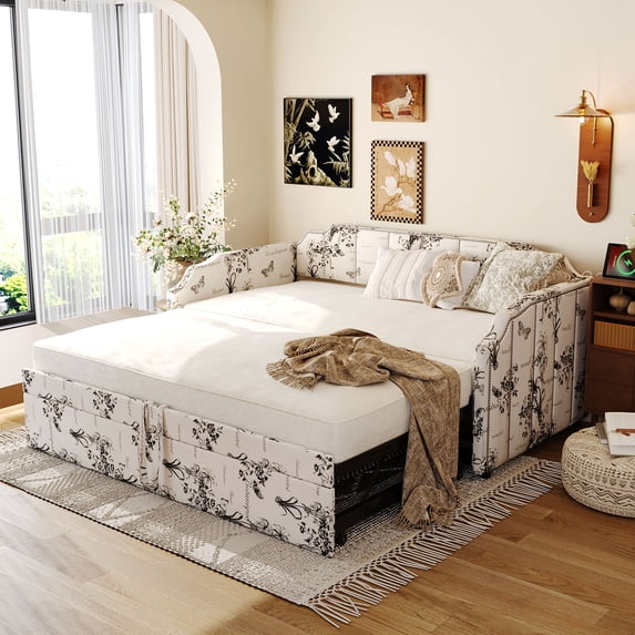 Harper & Bright Designs Twin Daybed with Extended Pop Up Trundle, Upholstered Linen Sofa Bed Daybed with Vertical Stripes, Twin Size Daybed Frame for Guest Room Bedroom, White Tossed Botanical