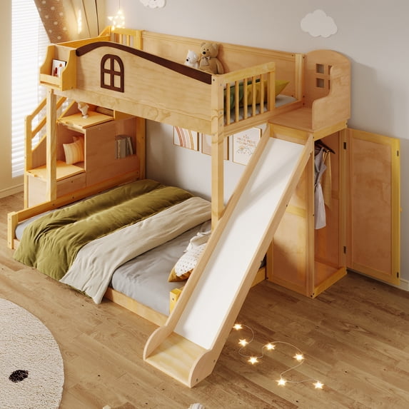Harper & Bright Designs Twin over Full Bunk Bed with Slide and Wardrobe, Space Saving Wood Bunk Bed Frame with Storage Staircase & Open Shelf, Natural