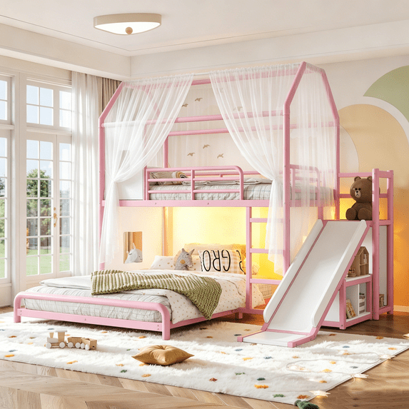 Harper & Bright Designs Twin over Full Bunk Bed with Storage Cabinet and Hanging Rod, Metal Bunk Bed Frame with Slide & Ladder, House Bunk Bed with Curtain, Guardrails and LED Light Strip, Pink