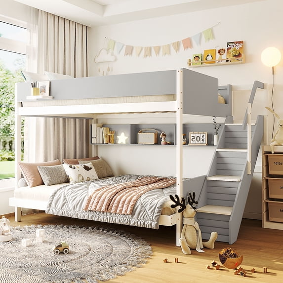 Harper & Bright Designs Twin over Full Bunk Bed with Striped-Design Staircase, Wooden Bunk Bed Frame with Side Shelf and Open Bookshelf for Apartment Dormitory Bedroom, Gray