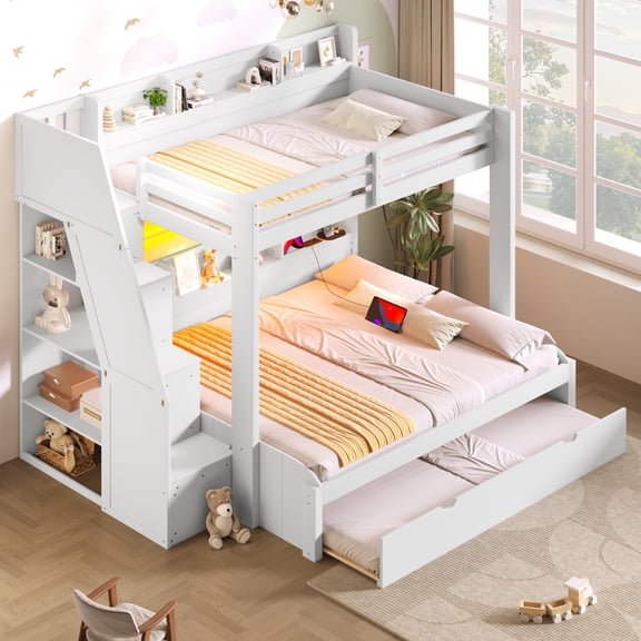 Harper & Bright Designs Twin over Full Bunk Bed with Trundle and Storage Shelves, Wood Storage Stairway Bunk Bed Frame with LED and USB Charging Station, White