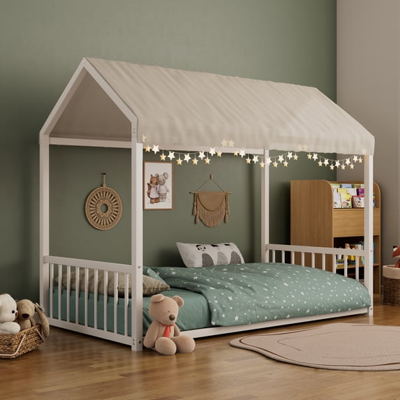 Harper & Bright Designs Twin House Floor Bed Metal Frame, Montessori Floor Platform Bed with Roof Twin Size with Headboard and Footboard for Bedroom, White