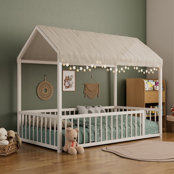 Harper & Bright Designs Twin House Floor Bed Metal Frame, Montessori Floor Platform Bed with Roof Twin Size with Guardrails for Bedroom, White