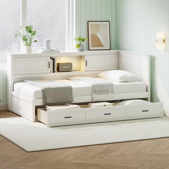 Harper & Bright Designs Twin L-Shaped Daybed with Drawer and and Bookcase, Twin Size Corner Bed Wooden Captain Bed with Led Downlight and USB Port for Small Room Bedroom Guest Room, White