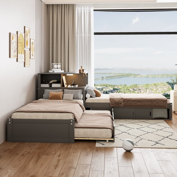 Harper & Bright Designs Twin L-Shaped Platform Bed with Trundle and Drawer, Twin Size Wood Low Corner Platform Bed with Desk and LED Light for Bedroom, Grey