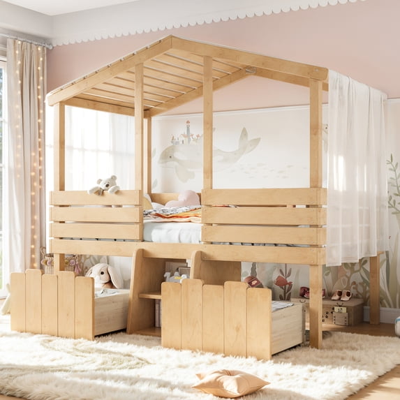 Harper & Bright Designs Twin Loft Bed with Storage Drawers, Cute House Loft Bed Frame with Roof and Guardrail, Low Loft Bed with Solid Wood Frame for Boys Girls, Natural