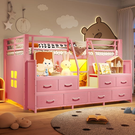 Harper & Bright Designs Twin Metal Loft Bed with Storage Drawers and Shelves, Low Loft Bed Frame with Storage Stairs and Lights, Pink