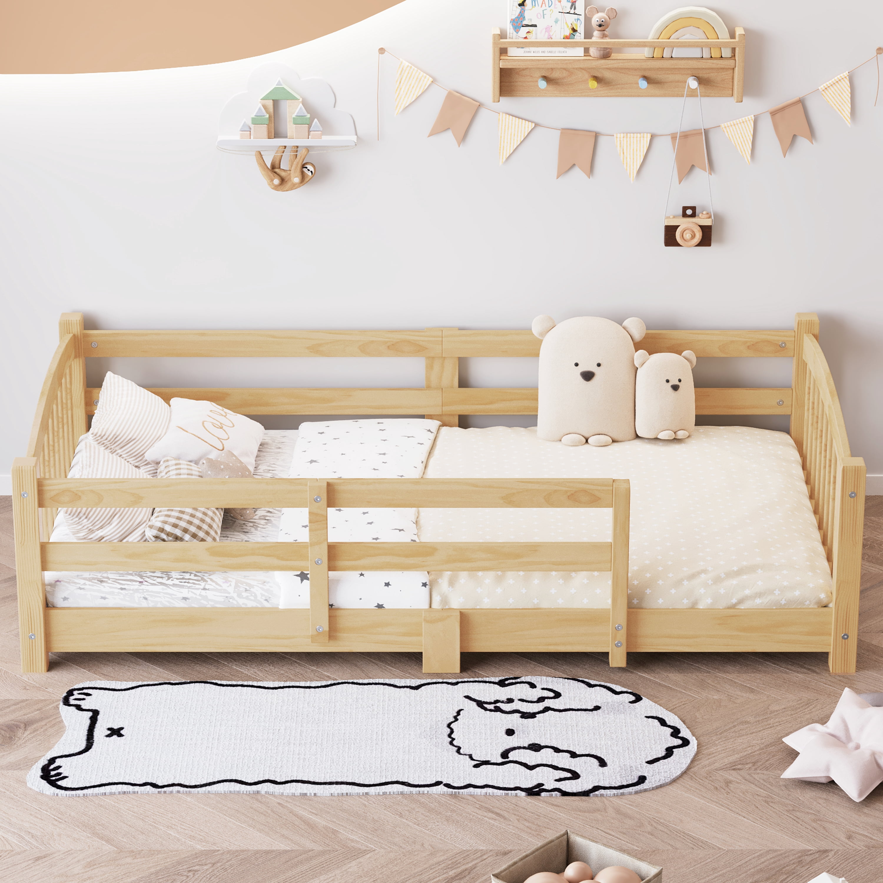 Harper & Bright Designs Twin Montessori Floor Bed with Safety Guardrails, Solid Wood Floor Bed with Fence for Girls and Boys Bedroom, Natural