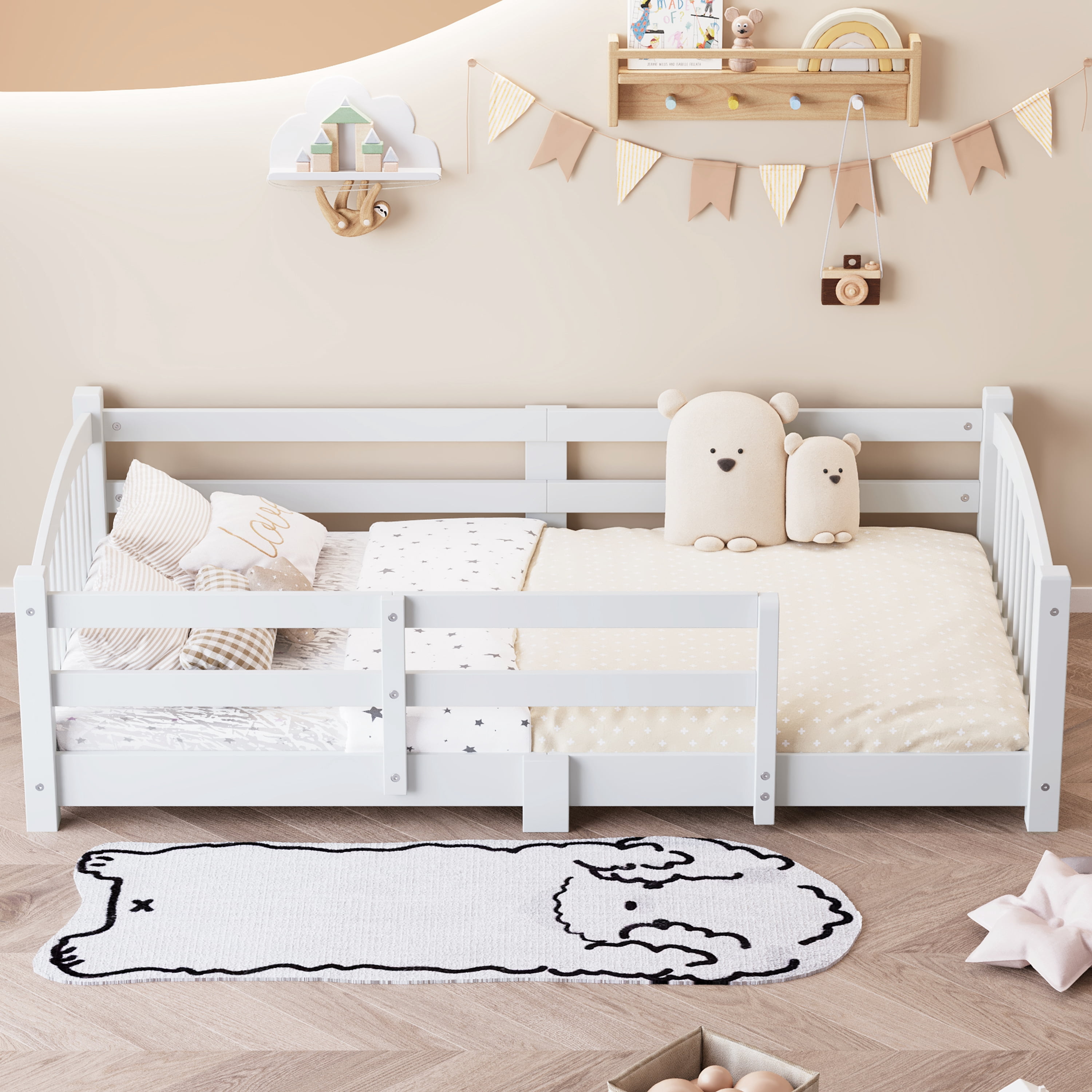 Harper & Bright Designs Twin Montessori Floor Bed with Safety Guardrails, Solid Wood Floor Bed with Fence for Girls and Boys Bedroom, White